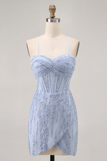 Sparkly Sequins Corset Grey Blue Bodycon Cocktail Dress